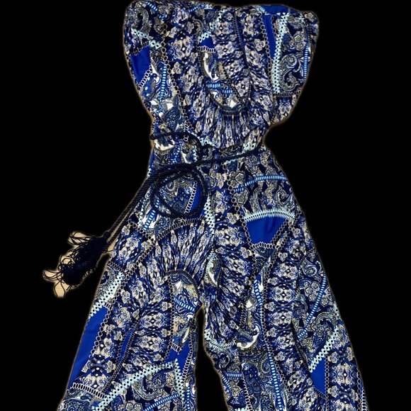 Strapless Blue Paisley Jumpsuit - Melanie Lyne - Picture 1 of 3